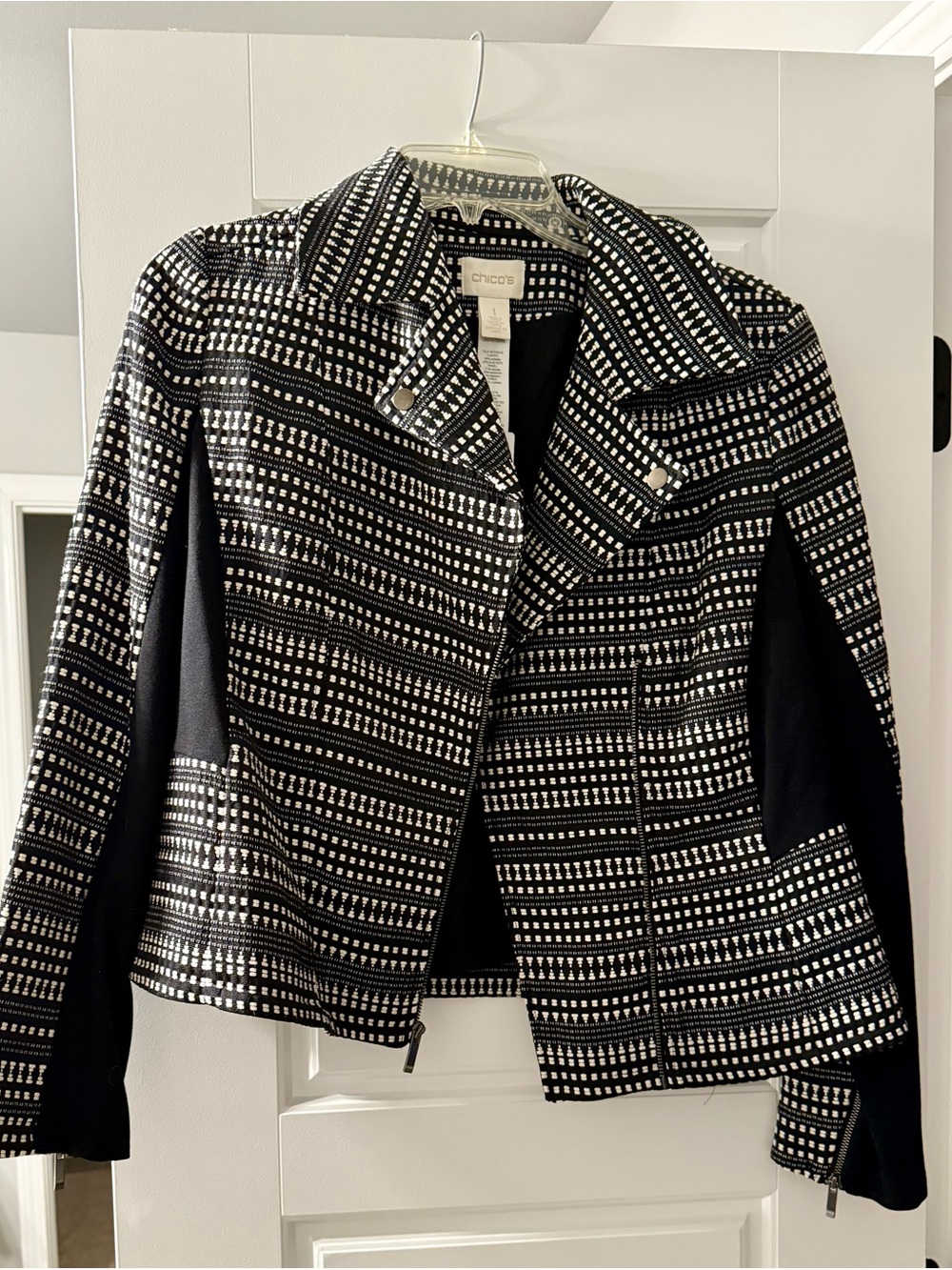 Chico's Black & White Patterned Moto Jacket